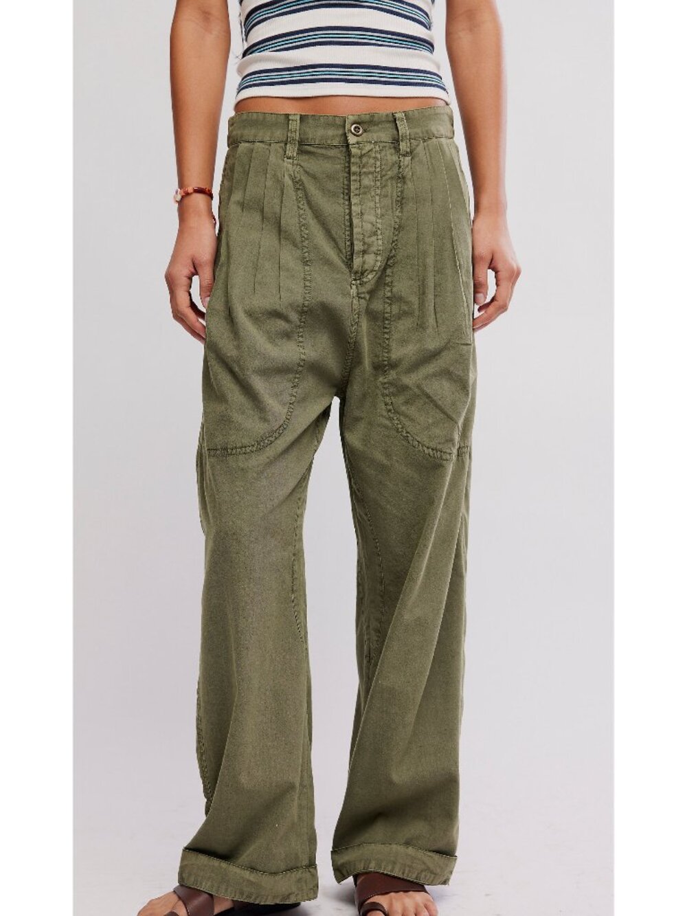 Free People Olive Green Wide-Leg Utility Trousers